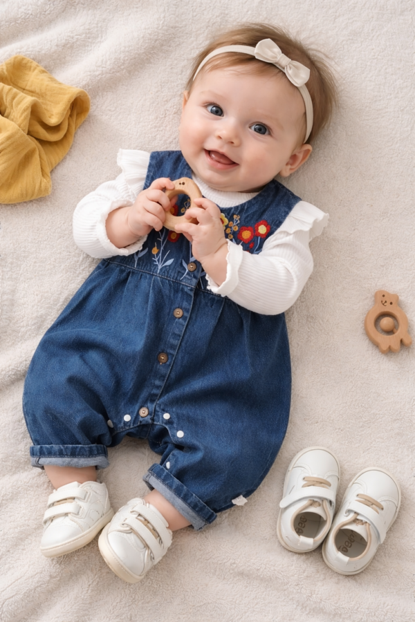 Bebé jugando con anillo de madera Enterito de Jeans Bordado