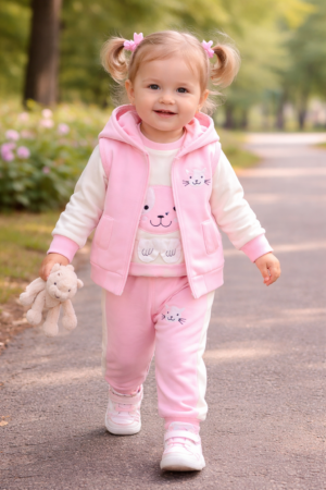 Niña sonriente en parque con peluche Conjunto con Capucha de Tres Piezas Bordado